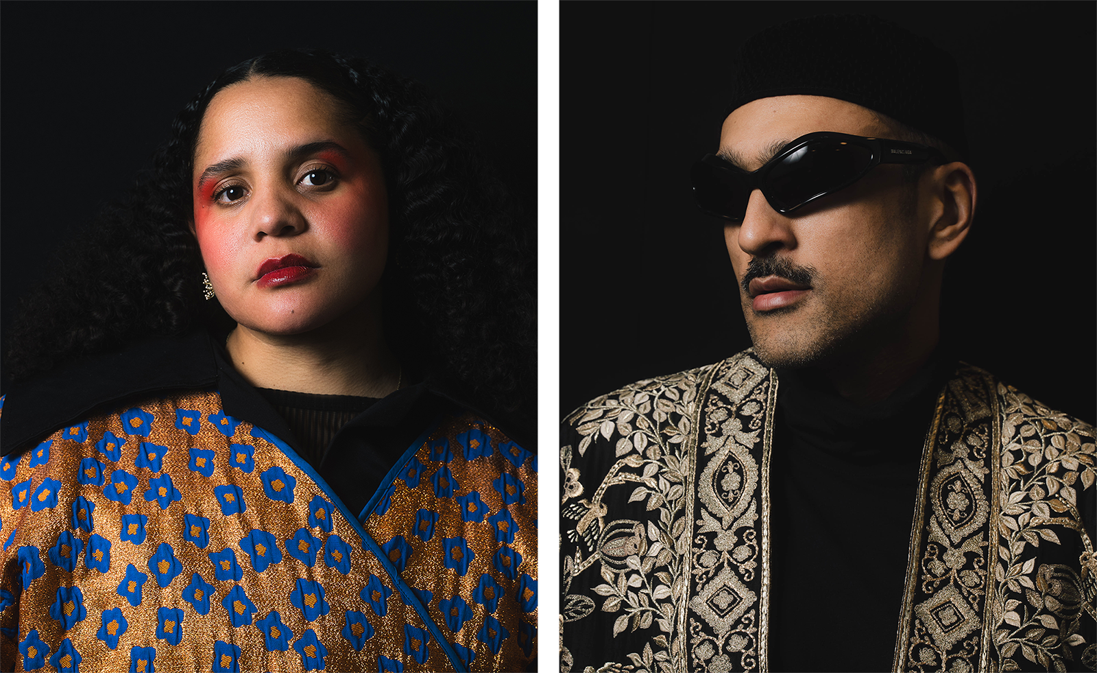 Two photo portraits of Lido Pimienta and Ali Sethi. Both are a close ups and they are sitting in front of a black background. Lido Pimienta is wearing a colourful, gold and blue piece of clothing, and she's looking directly into the camera. Ali Sethi wears sunglasses and a black coat with golden embroidery.